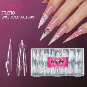 Stiletto Nail Dual Forms, 15-Size Clear Space French Molds with Centering Lines, High Transparency Flexible Molds for Poly Gel & Builder Gel, Home & Salon Use