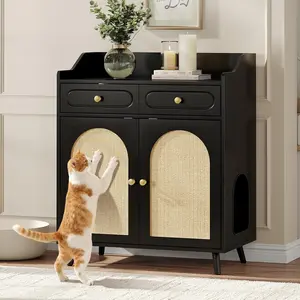 Vabches Cat Litter Box Enclosure Furniture, Hidden Wooden Litter Box Cabinet with Rattan Scratching Doors, 2 Drawers Cat House Cabinet for Indoor Cats, Black
