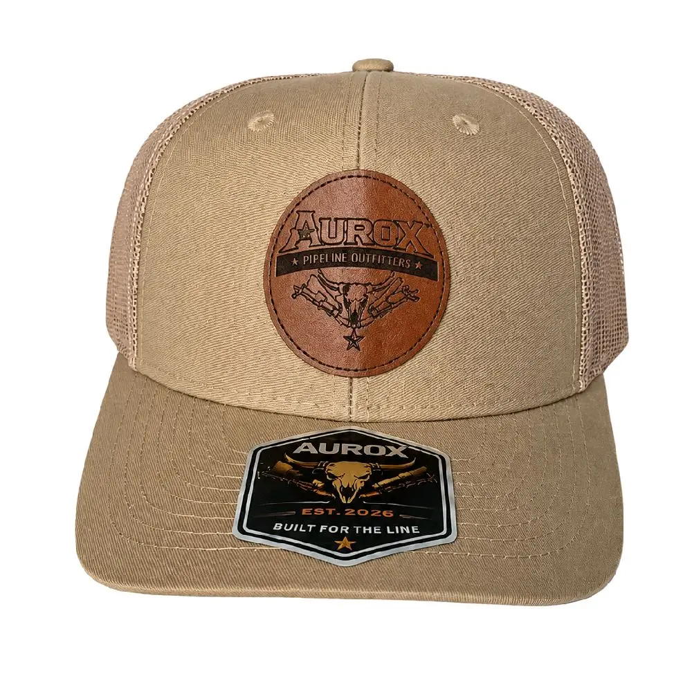 Product name: AUROX Pipeline Outfitters Leather Patch Trucker Hat - Khaki/Tan Snapback Cap