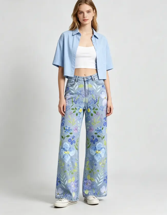 Women's Watercolor Blue-Purple Floral All-Over Print Flare Jeans - DGT Direct-To-Garment Full Print, Soft Wide-Leg Denim Bottoms for Everyday Statement Pants