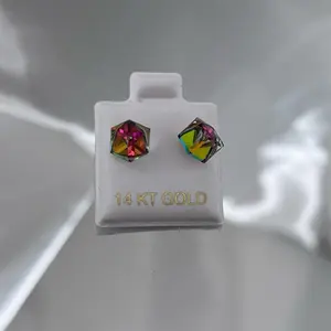 Women's 14 KT Gold Large Stud Earrings with Colorful Rhinestones, Screw Backs, Tarnish-Resistant Elegant Jewelry Gift