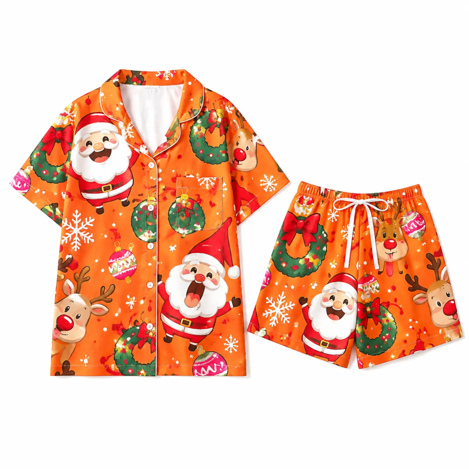 Women’s Christmas Print Short-Sleeve Pajama Set, Orange Button-Down Top with Elastic-Waist Shorts, Festive Holiday Sleepwear