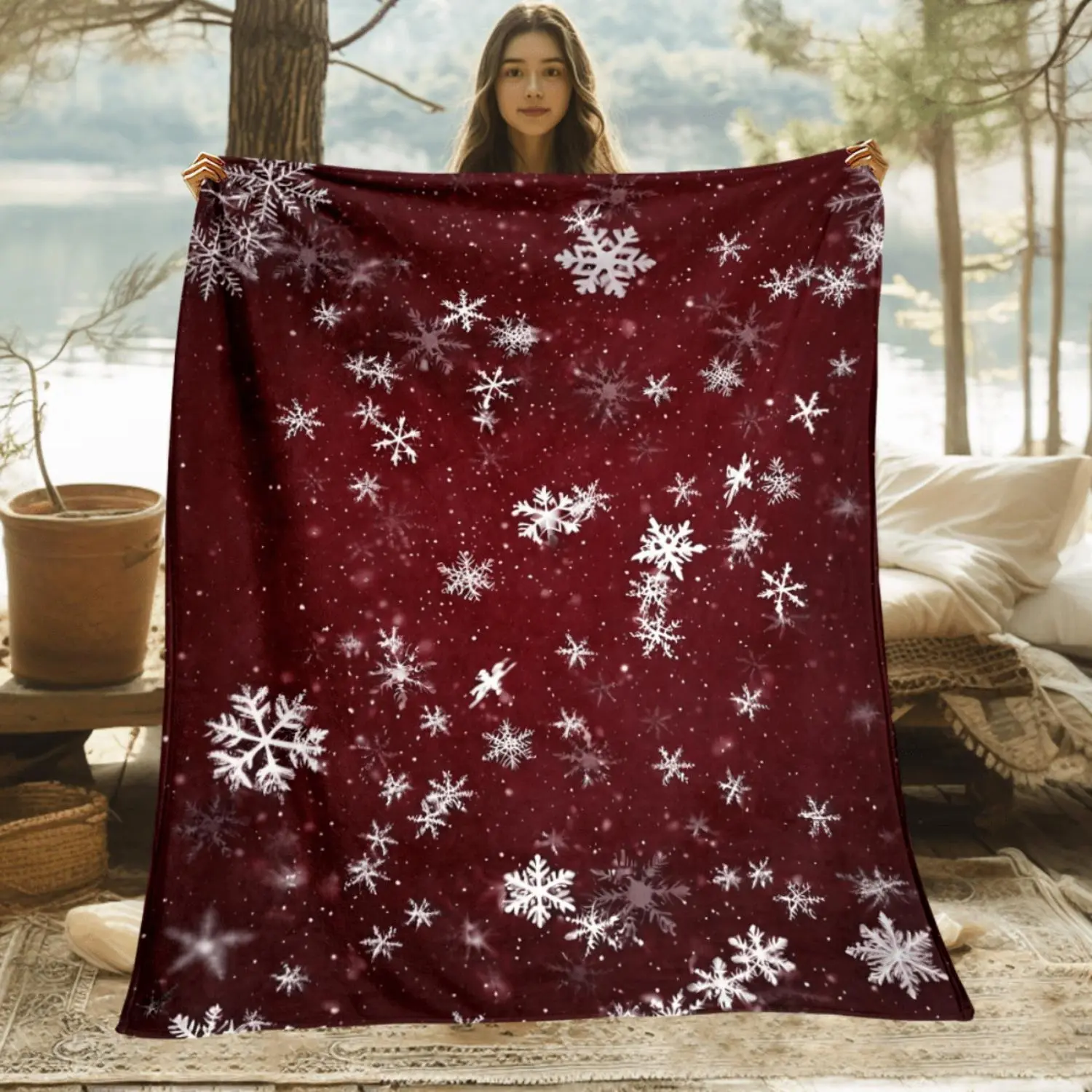 Luxurious Warm Thick Heavy Duty Red Burgundy Snowflake Flannel Blanket Perfect for Winter Cozy Couch Bed Travel Gift Holiday Seasonal Decoration