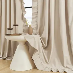 Beige Ruffle Curtains 84 Inches Long 2 Panels Suede Fabric Light Tan Farmhouse Curtains for Living Room Bedroom Rod Pocket Light Filtering Shabby Chic Window Curtains for Girls  Room, 52x84