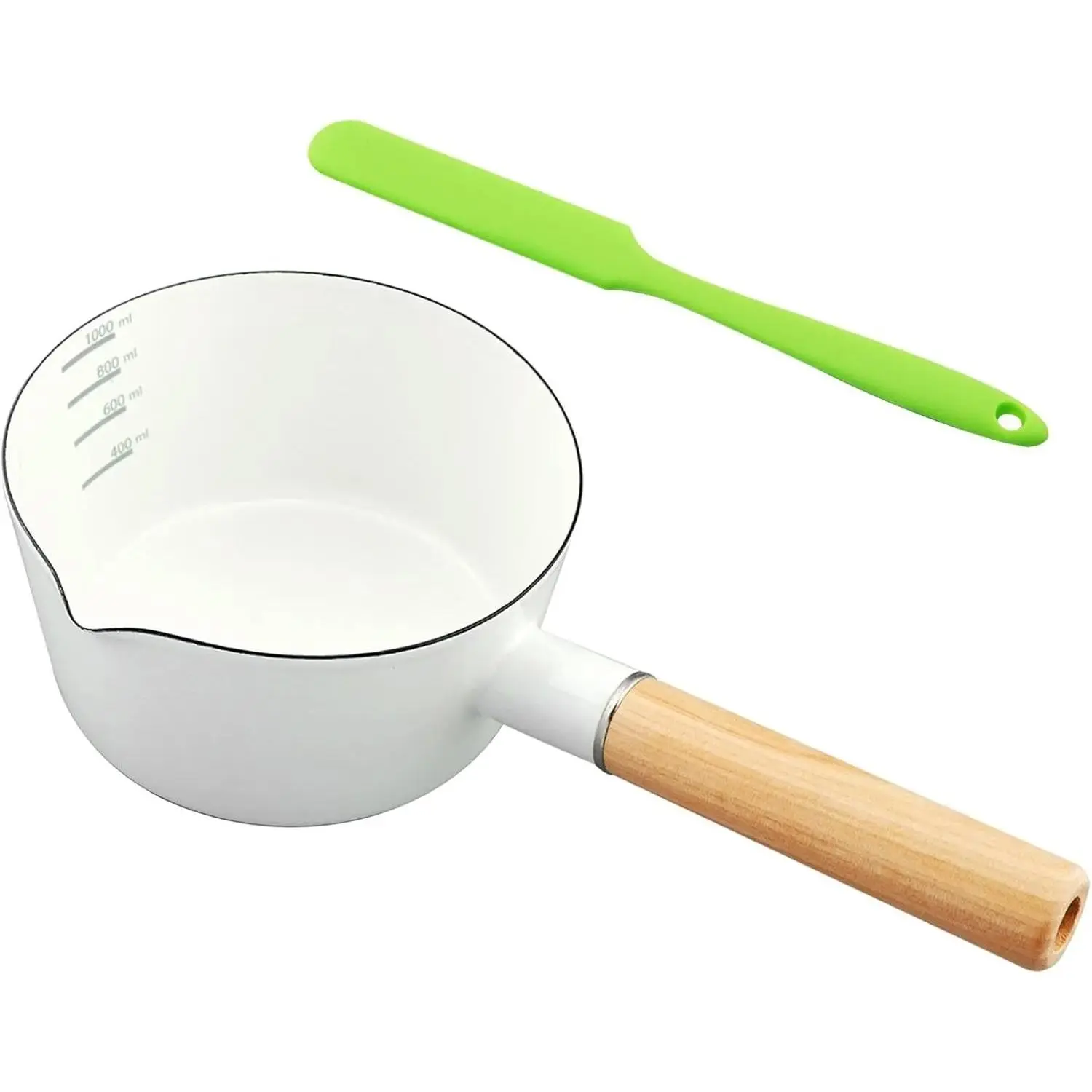 1L Enamel Milk Pan, Milk Pot Butter Warmer Enamel Saucepan with Silicone Spatula & Pour Spout, Nonstick Enamel Milk Enamel Melting Pot for Induction Electric Gas Stoves(White)