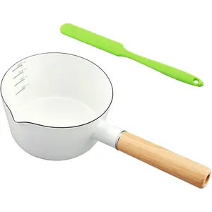 1L Enamel Milk Pan, Milk Pot Butter Warmer Enamel Saucepan with Silicone Spatula & Pour Spout, Nonstick Enamel Milk Enamel Melting Pot for Induction Electric Gas Stoves(White)