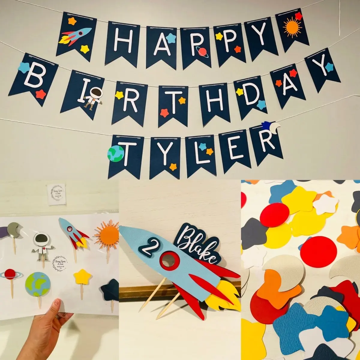 Space Theme Package Combo; Happy Birthday Banner, Name; Confetti; Cupcake and Cake Toppers