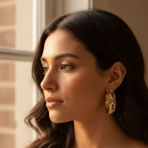 Virgin of Guadalupe Hoop Earrings 14K Gold Plated Tricolor Design 3.5 cm Diameter 3 cm Width Elegant Devotional Style