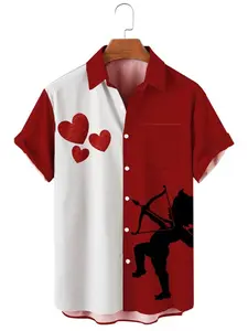 Men’s Valentine’s Day Hawaiian Shirt, Cupid Love Heart Red White Button Down Party Shirt