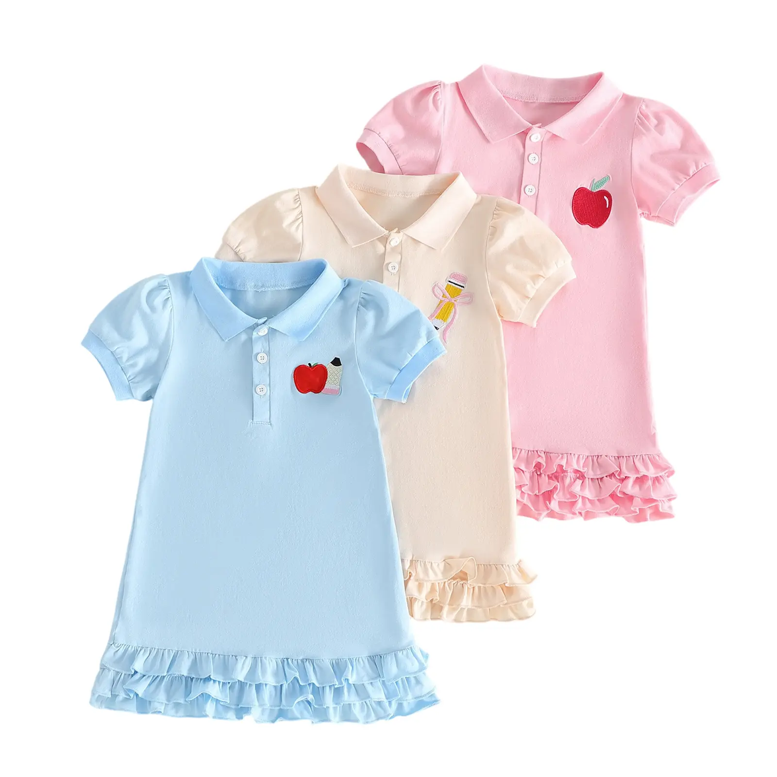 Toddler Baby Little Girls Back to School Dress Embroidery Short Sleeve Collared Summer Dress 1-5 Years