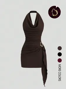 Women's Fashion Solid Color Halter Dress, Casual Office Wear, Elegant Backless Design, Perfect for Daily Use, Stylish and Comfortable