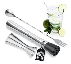 Memorial Day Essential: 3-Piece Professional Cocktail Muddler Set - Rust-Resistant Stainless Steel Bar Tool Kit with Grooved Head, Versatile Mixing Spoon & Dual Jigger - Easy-to-Clean Barware for Summer Parties