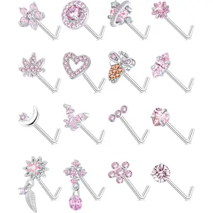 16 count 20G Nose Rings Studs Stainless Steel L Shaped Nose Stud CZ Butterfly   Leaf  Moon Heart Flower Dangle   for Women Men /White/Blue/Clear