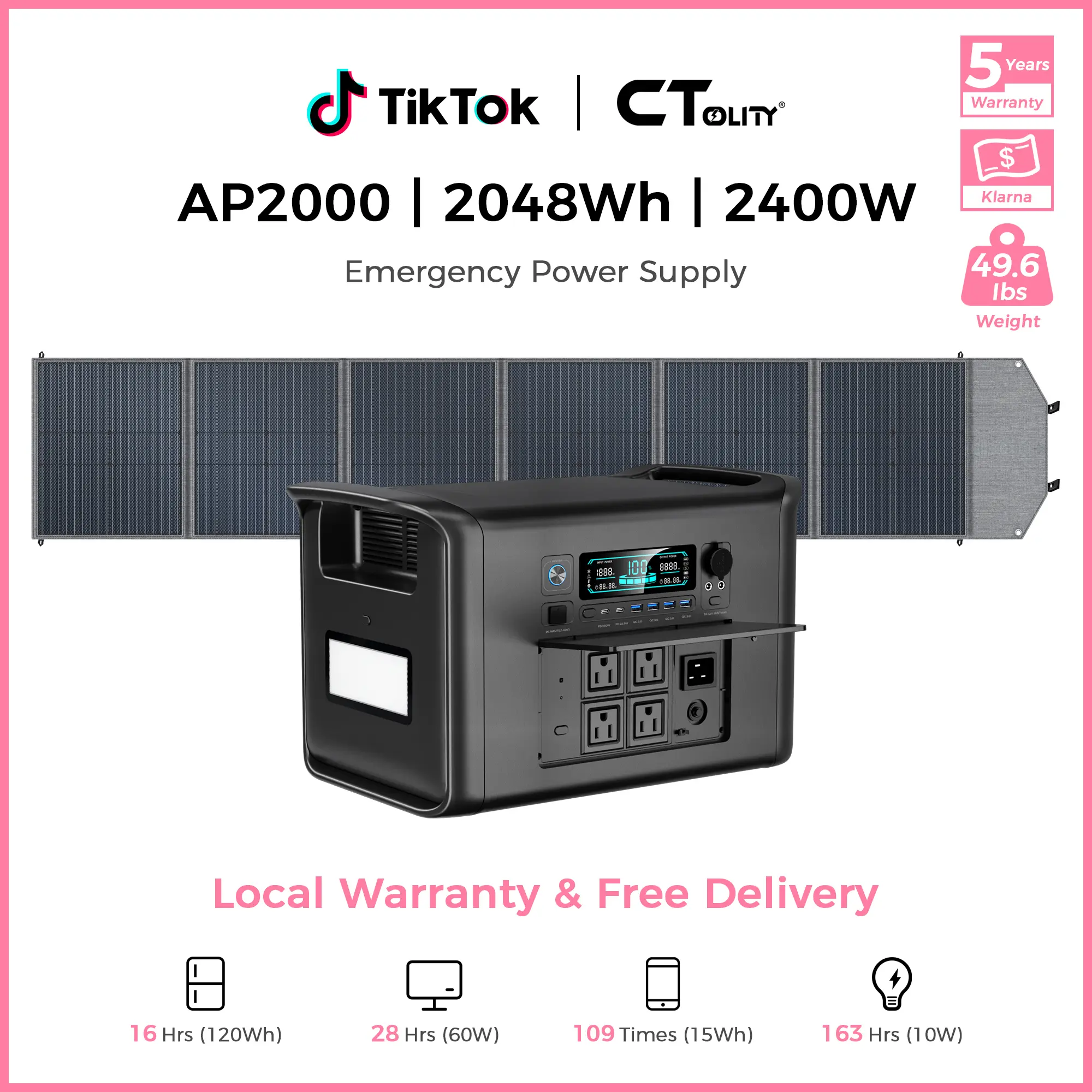 [TikTokShopBackToSchool] CTOLITY AP2000 Solar Generator Kit,2600W 2048Wh Portable Power Station+SPC200 200W Foldable Solar Panel,LiFePO4 Battery Backup with UPS,RV Trip Essentials,Portable Charger Power Bank,Off-Grid Power Solution for Camping&Outdoor Use
