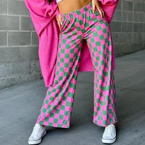 Vhein Women's plaid print pocket elastic waist straight pants, casual and comfortable trousers for daily wear, women's pants Loungewear Pajama linen pants