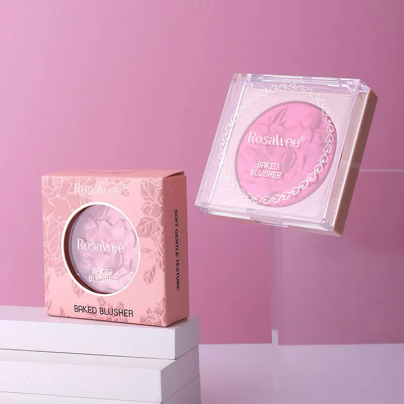 Women's Flower-Shaped Embossed Pink Blush Compact Palette - Titanium & Calcium-Infused Synthetic Baked Powder Blush, Glitter Bling Effect, Long-Lasting, Blendable, Smooth, Radiant for Adult Daily Makeup Cosmetics