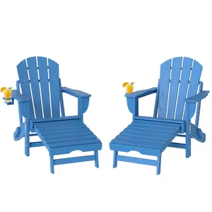 2-Piece HDPE Folding Fire Pit Chairs with Retractable Ottomans & Cup Holders, Blue All-Weather Recycled Plastic Lumber, 400 lbs Heavy-Duty Capacity for Porch, Backyard, Poolside