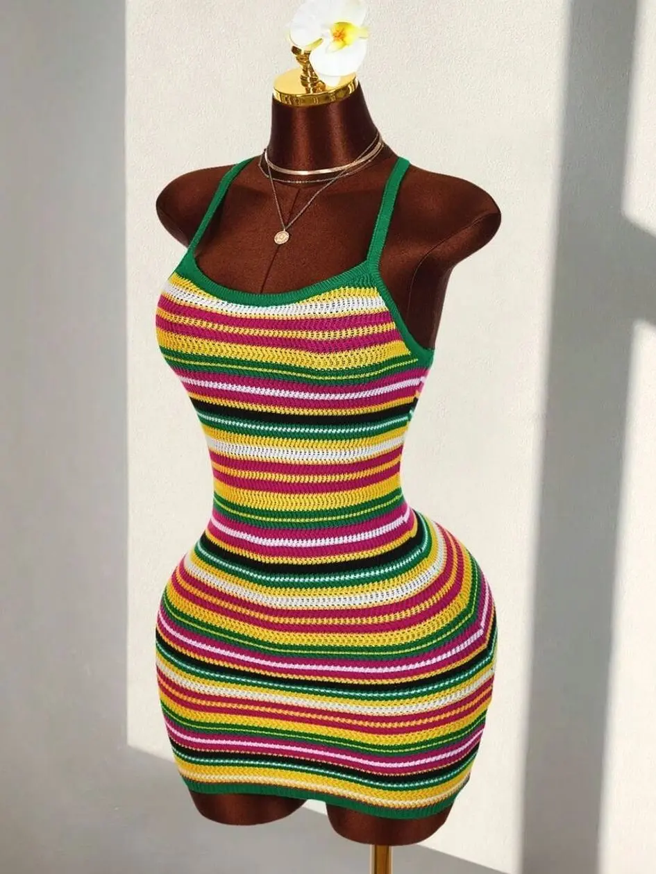 Y2K Striped Colorblock Knit Dress, Backless Boho Beach Vacation Party Mini Dress
