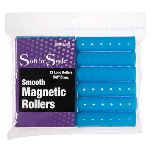 Soft 'N Style Heatless Magnetic Hair Rollers - 12-Count Vented Haircare Tool with Magnetic Hold, Long Shape, Soft Smooth Texture, Long Blue Design for Volume Boost