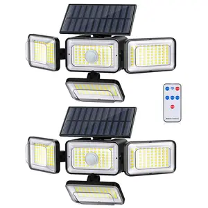 Mokot Solar Outdoor Lights, IP65 Waterproof Motion Sensor Outdoor Lights with Remote Control, 4 Heads Solar Flood Wall Lights for Outside Yard Pack Of 2