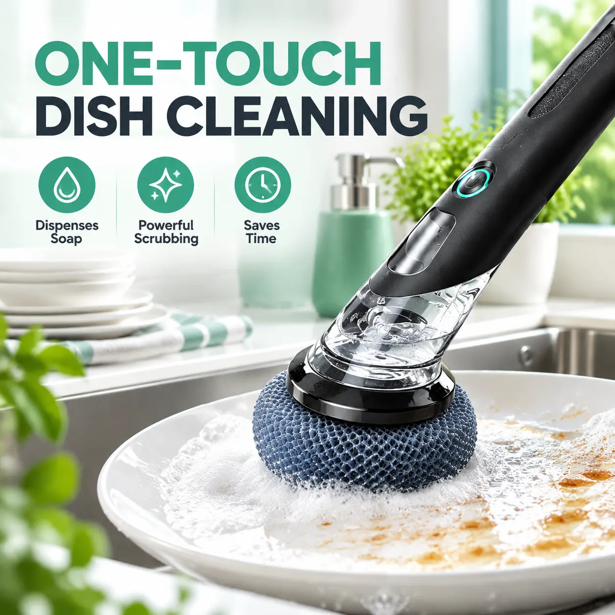 Soap Dispensing Kitchen Brush | Long Handle Scrub Brush for Pots, Sinks & Countertops