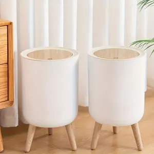 New high-capacity home trash can, wooden designed kitchen trash bin for 2025, durable plastic cylindrical trash cans with lids for kitchens, bathrooms, offices, hotels, modern and stylish bathroom trash cans, elegant trash cans with wooden veneer