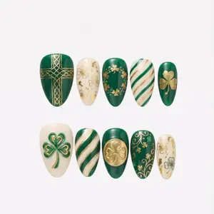 Patricks Day Press On Nails, Celtic Knot & 3D Shamrock, Almond Gel Tips, Reusable Manicure
