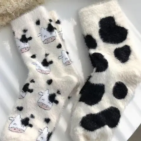 Women's Cow Print Fuzzy Mid Calf Fitted Socks, Cozy Socks, Cute Warm Crew Socks for Daily Wear, Casual Comfy Hosiery for Fall & Winter, Trendy Matching Style Jacquard Knitting Socks, Womenswear