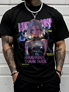 Men's Round Neck Crewneck Short Sleeve T-Shirt, Anime Graphic Design, Soft Breathable Fabric, Casual Regular Fit, Fashion Sporty Streetwear Style, Top