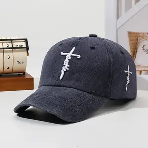 Hat with embroidered cross, faux wool green baseball cap for men and women, outdoor sun protection cap