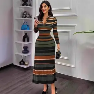 Women's Plus-Size Asian-Style Plaid Contrast Polyester Knitted Straight-Sleeve Casual Dress, Casual Wear Clothes with Durable Polyester Fabric