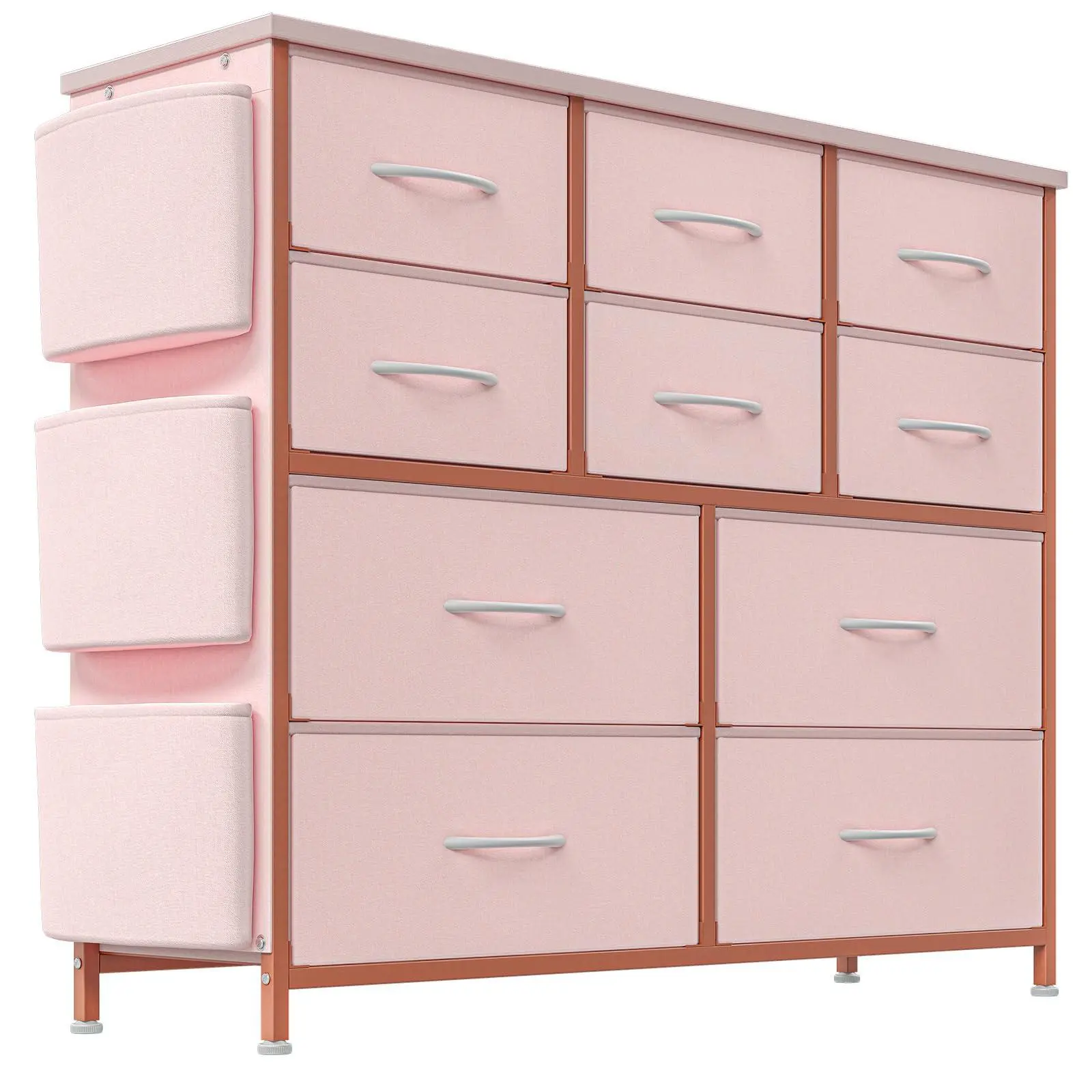 10 Drawers Pink Dresser for Bedroom - Chest of Drawers with Side Pockets and Hooks, Fabric Dresser for Bedroom with Sturdy Metal Frame and Wooden Top, Living Room, Hallway