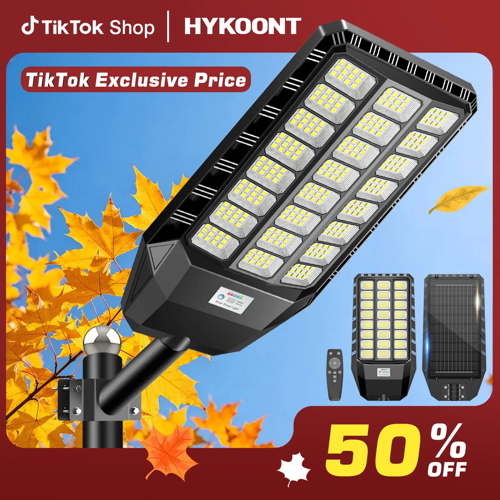 HYKOONT TW Matrix Series Aluminum Solar-Powered Dimmable LED Light Fixture Security Lighting - IP66 Rated, Dusk-to-Dawn, Pole-Mounted, Low Voltage, Adjustable Auto Shut-Off Motion Sensor, Remote Control, High-Brightness for Parking Lots, Patio