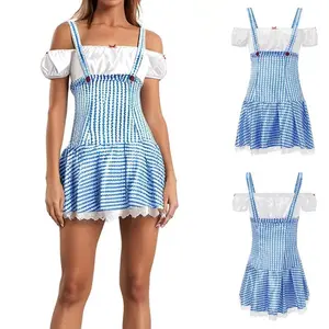 Halloween Costume, Vintage Off Shoulder Plaid Print Mini Dress Cosplay Outfit for Women