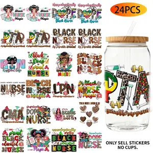 UV DTF Transfer Stickers - 24Pcs/Set Black Nurse Theme UV DTF 16OZ DIY Transfer Stickers For 16 Oz Water Bottle Glass Jar Laptop Home Decor DIY High Viscosity Transfer Paper