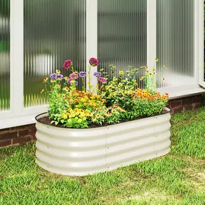 Cream Galvanized Raised Garden Bed Kit 3.4x2x1ft Metal Planter Box with Safety Edging Open Bottom for Flowers Herbs Vegetables for Small Balcony Patio Compact Urban Gardening