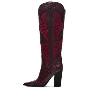AOSPHIRAYLIAN Women's Western Leather Boots, Butterfly Embroidery, Vintage Chunky Heel, Pointed Toe, Wide Knee-High Pull-On Cowboy Shoes, Western Leather Boot