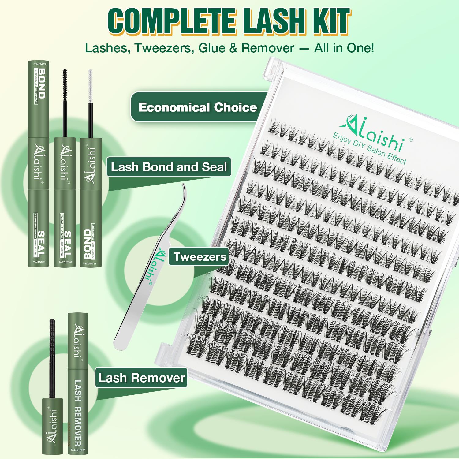 Ailaishi Cat Eye Lash Clusters Kit,  10‑18mm,120pcs D Curl Soft Natural Lashes with Bond and Seal, Remover, Tweezers, DIY 3D Cluster Eyelash Extensions, Natural Fake Wispy Individual Clusters