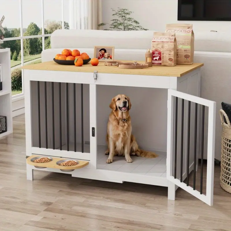 39" Foldable Wooden Dog Crate Furniture, Pre-Assembled Indoor Dog Kennel for Large Dogs, Portable Dog Cage with 360° Rotating Feeder, White