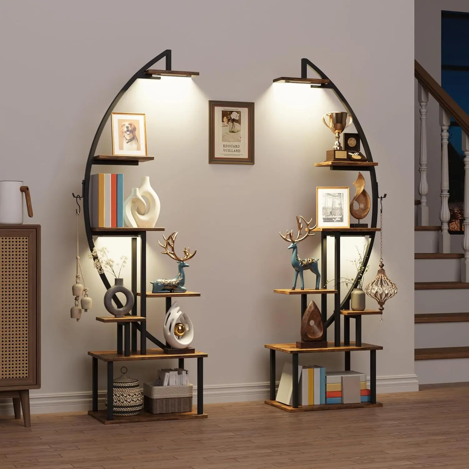 2 Pack Tall Bookshelf with Lights, Ladder Bookcase, Stable Arched Home Office Storage Book Collectibles Shelves, 64" Modern Corner Display Shelf for Room Decoration, Rustic Brown summerwins