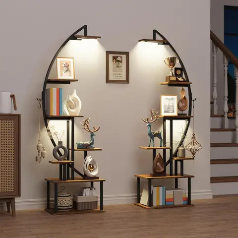 Summerwins 2-Pack Iron Tall Bookshelf with Lights - Ladder Bookcase, 64" Modern Arched Stable Wall Corner Shelves, Assembly Required, Creative Holiday Gift for Home Office Book Nook, Enhances Living Space, Rustic Brown Bedroom Indoor Furniture
