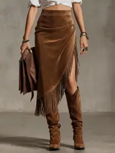 Women's Vintage Western Fringe Hem Irregular Suede Skirt, Womenswear 2026 Fashion Style Half-Sleeve Dress, Elegant Party Wear