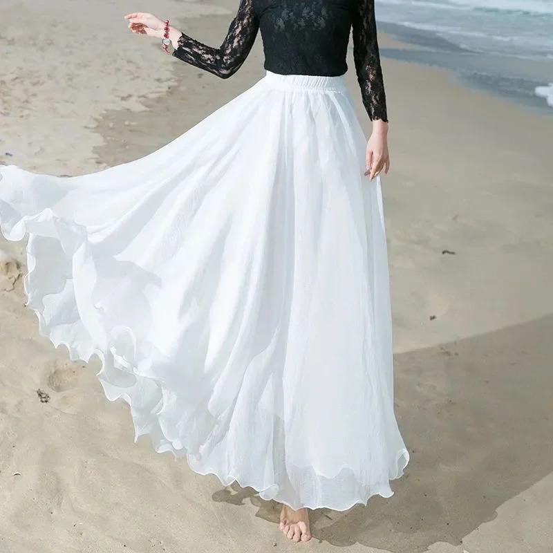 2025 New Fashion Women Chiffon Long Skirts High Waist Floor Length Ruffles White Summer Boho Maxi Skirt Saia Longa Faldas
