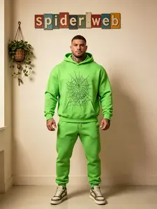 Men's Hooded Sweatshirt, Spider Web Pattern, Letter Print, Colorful Stars, Street Punk Style, Casual Fitted, Fall & Winter, Graphic Hoodie