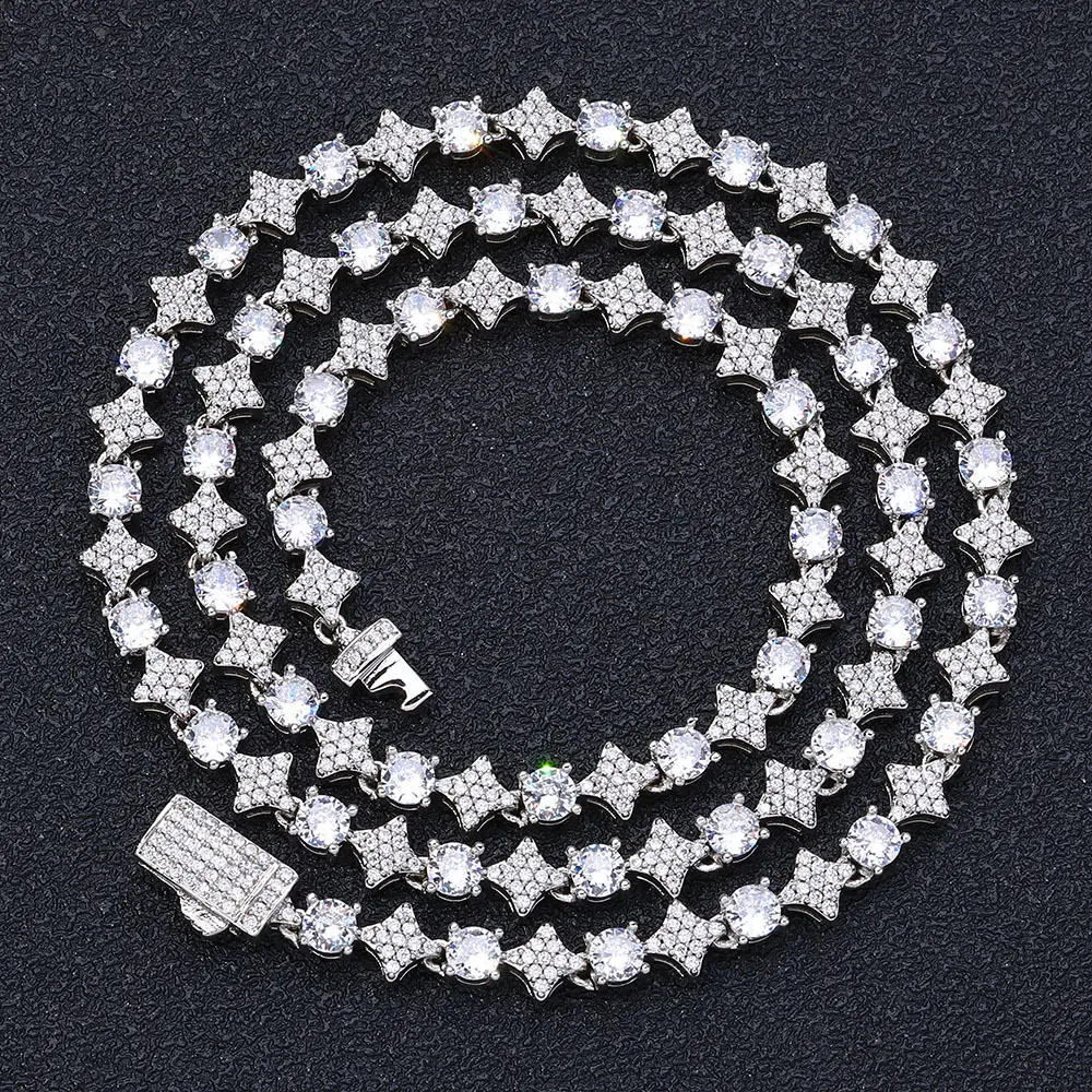 QUEENDO Star-Shape Iced Tennis Chain Jewelry Necklaces, Round Stone Star Link Design, Gold Silver Rose Gold 3 Colors, Box Clasp Adjustable Hip Hop Jewelry for Daily & Party Gifting