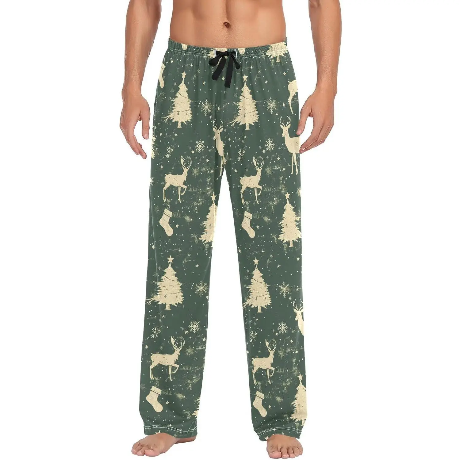 Men's Pajama Pants Christmas Deer Snow Sleep Bottoms Lounge Sleepwear with Pockets Drawstring