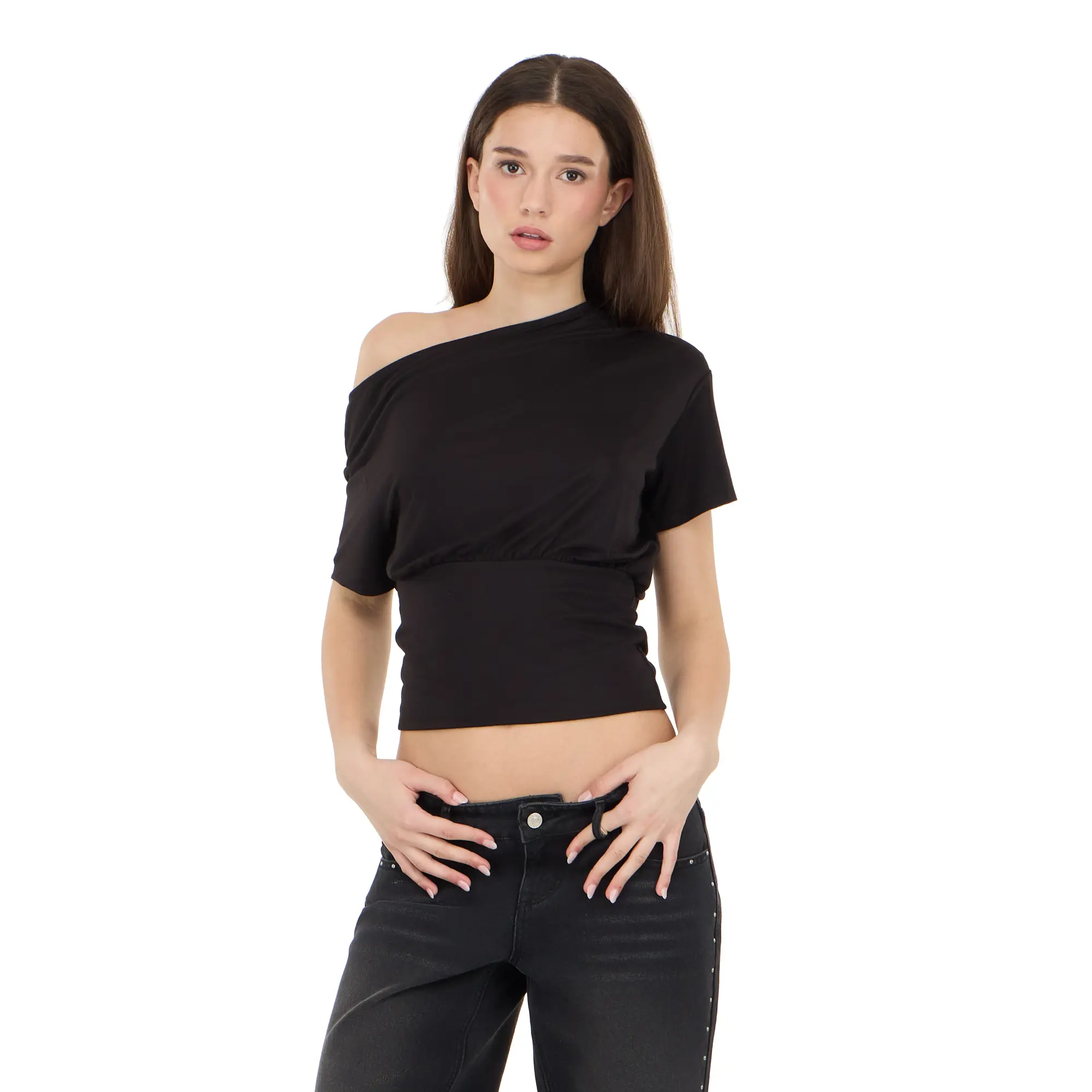 Forever 21 Women's Casual Off-Shoulder Short-Sleeve Draped Blouse - Fitted Waist, Asymmetrical, Comfortable, Feminine, Cinch Detail, Flattering Profile, Transitional Seasons Top (Pairs with Skirts, Jeans, Trousers)