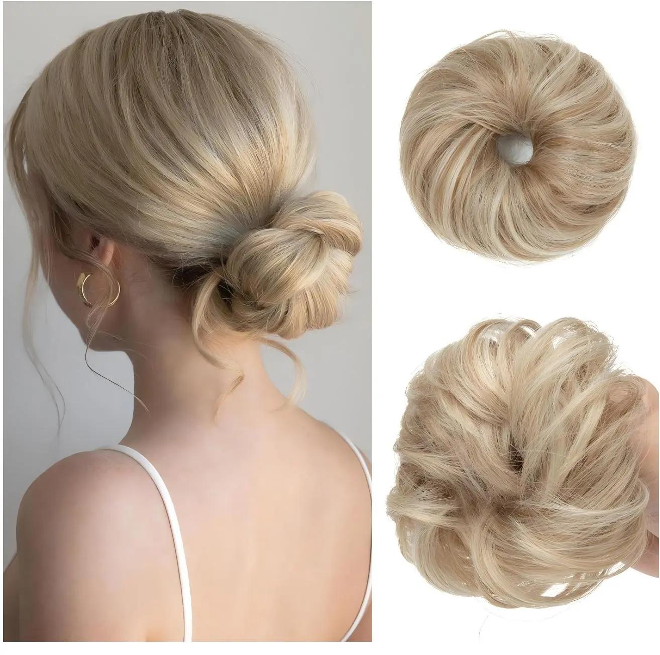 SilkGlow Hair 2PCs Small Cute Messy Bun Hair Piece for Thin Hair Women Mini Synthetic Curly Bun Scrunchies Updo Hairpieces Dirty Blonde