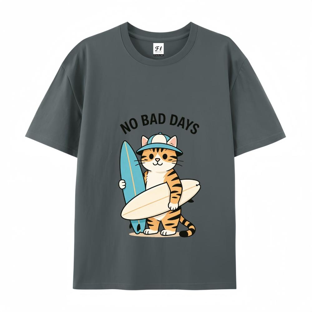 No Bad Days Surfing Cat Graphic Print Tee Oversized Short Sleeve Unisex T-Shirt with Cartoon Pattern and Drop Shoulder Design Crewneck Top Menswear