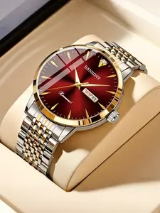 Men's Stainless Steel Quartz Watch, Roman Numeral Dial, Rhinestone Design, Date Display, Waterproof, Ideal Gift for Him